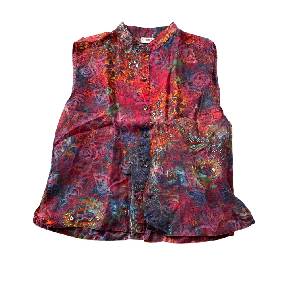 Chico's 1 Colorful Sleeveless Button Down Linen Blend Vibrant Abstract Blouse